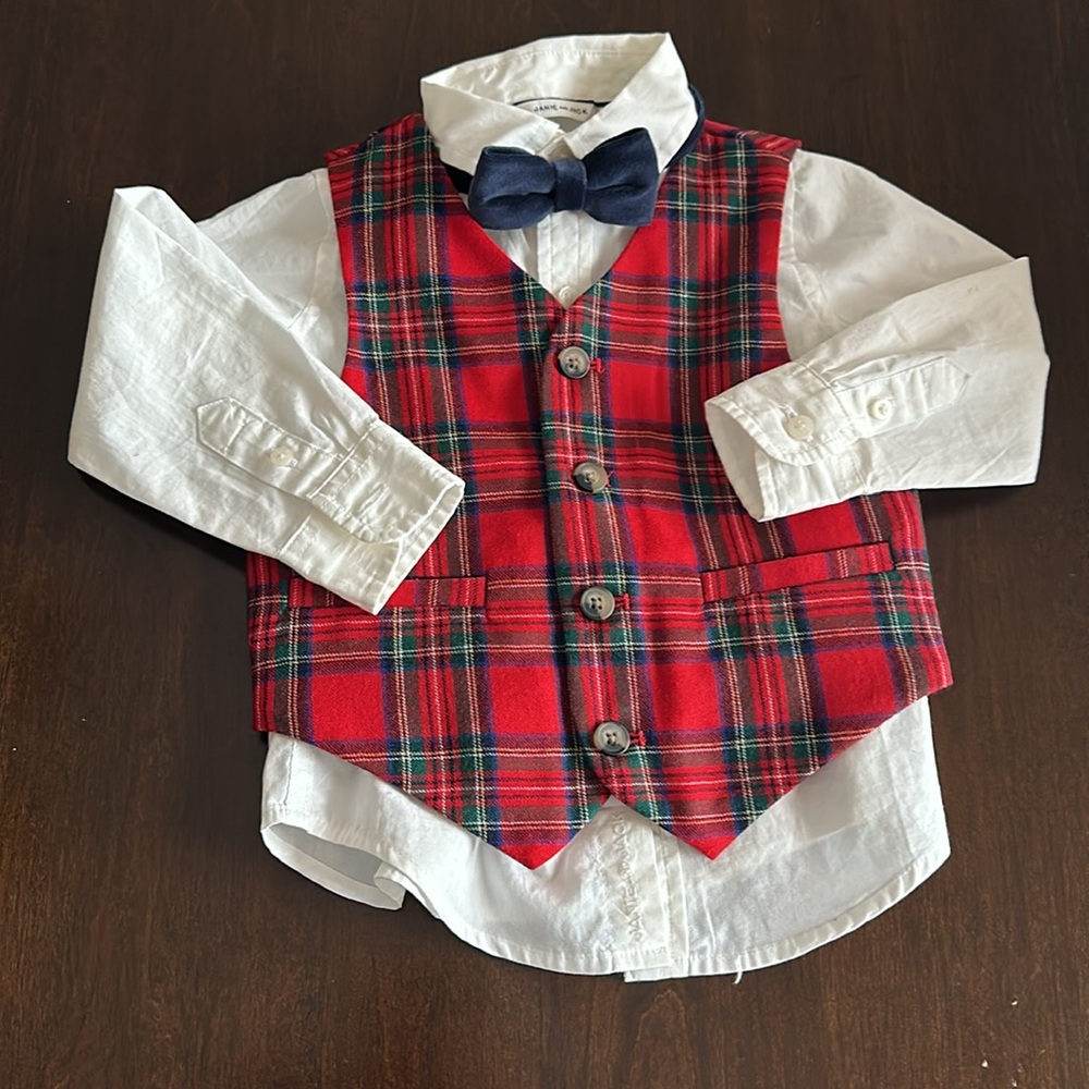 Janie and Jack Tartan Plaid Vest, Shirt, Tie, Boys Christmas Outfit, 18-24 month